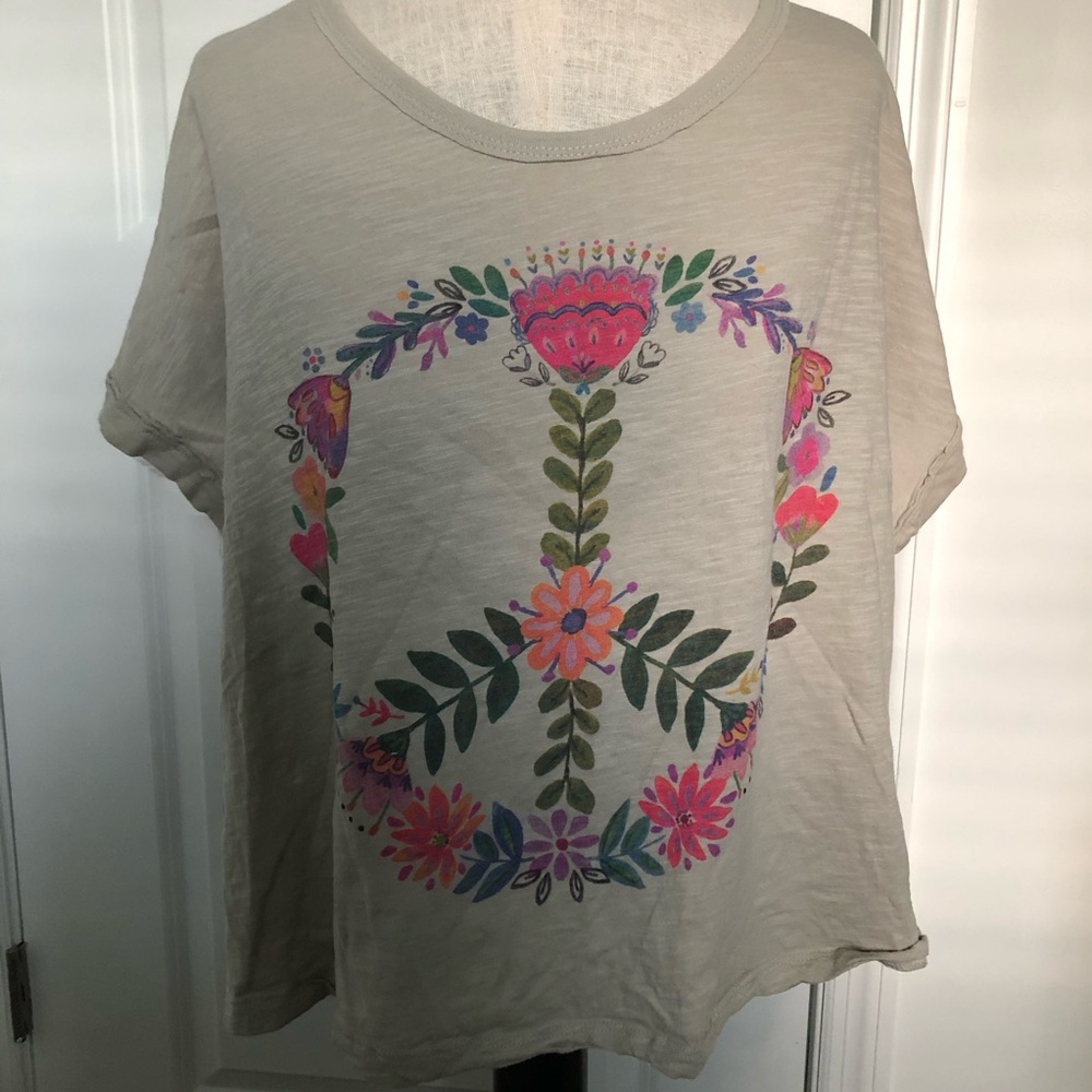 Natural Life Beige Crop Tee with Floral Peace Sign Graphic